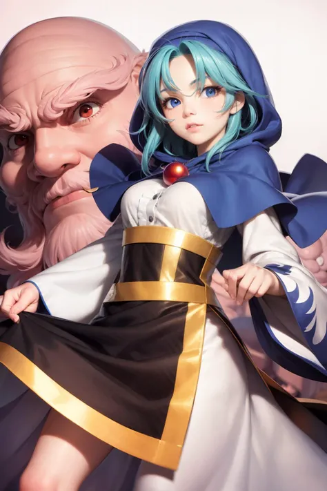 masterpiece, best quality, <lora:IchirinKumoi:1>,kumoi ichirin,1girl,unzan,hood,kesa,wide sleeves,jewelry,capelet, blue eyes,blue hair,dress,simple background,