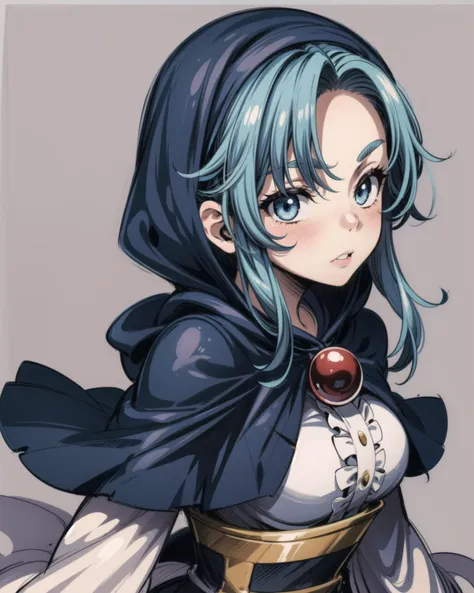 <lora:IchirinKumoi:1>,kumoi ichirin,1girl,unzan,hood,kesa,wide sleeves,jewelry,capelet, blue eyes,blue hair,dress,simple background,, <lora:add_detail:1>, masterpiece, best quality,