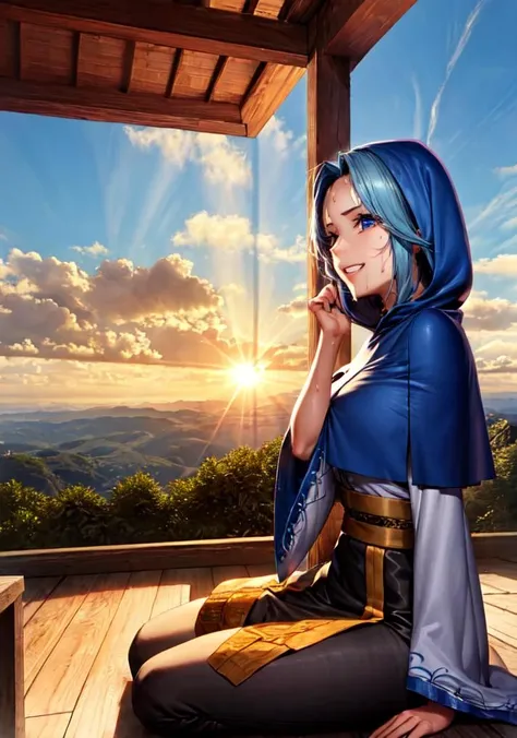 (masterpiece, high quality ,8k realistic, absurdres,extremely detailed CG unity 8k wallpaper, dynamic lighting) ,<lora:ShinyOiledSkin_v20-LyCORIS:0.8>,<lora:more_details:0.3>,<lora:IchirinKumoi:1>,kumoi ichirin,13years old,1girl,(hood),kesa,wide sleeves,jewelry,capelet, blue eyes,blue hair,dress,looking at viewer, short hair,long sleeves,jewelry,long pants,blue hoodie,(Devastated:1.2),(Zazen,meditation,sitting cross-legged),pray,grin,(sweat profusely,Sweat was glistening on her forehead),BREAK, <lora:araucaria-10:1>,(araucaria:1.2),mountain,waterfall,pike, landscape, cloud,(sun),