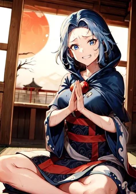 <lora:Greatwave:1>greatwave red sun,(masterpiece, high quality ,8k realistic, absurdres,extremely detailed CG unity 8k wallpaper) ,<lora:ShinyOiledSkin_v20-LyCORIS:0.8>,<lora:more_details:0.3>,<lora:IchirinKumoi:1>,kumoi ichirin,13years old,1girl,(hood),kesa,wide sleeves,jewelry,capelet, blue eyes,blue hair,dress,looking at viewer, short hair,long sleeves,jewelry,long pants,blue hoodie,Devastated,(ruined temple:1.5),(broken building),(Zazen,meditation,sitting cross-legged),mandala,pray,juzu,grin,(sweat profusely,Sweat was glistening on her forehead),traditional Japanese ukiyo-e, splashing water, waves,dynamic pose, dynamic lighting, dynamic angle