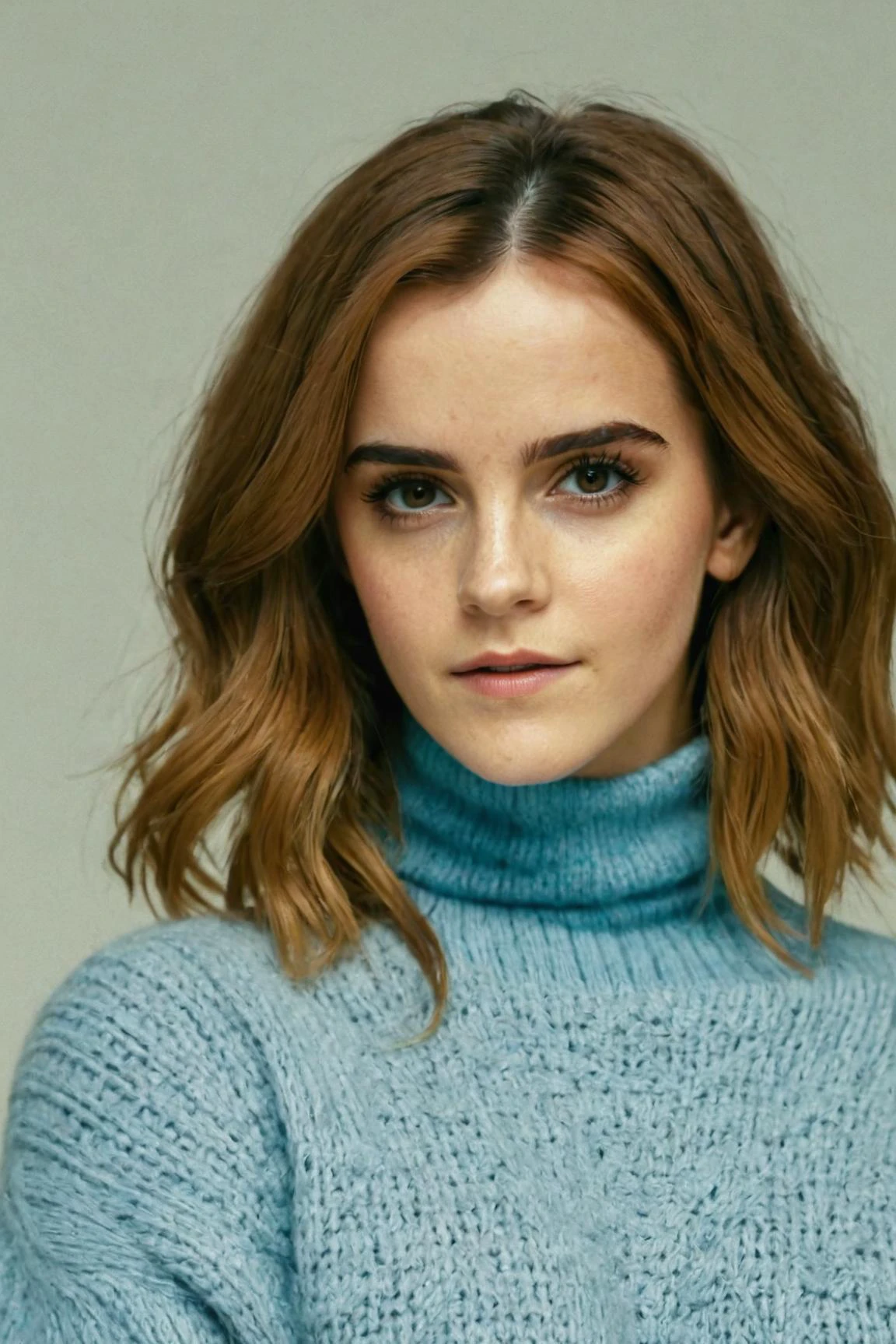 portrait photo of emmawats0n in a oversized light blue sweater, (long hair), posing for a picture, ziprealism, for cosmopolitan, realistic skin texture, softcore, warm lighting, simple background, magazine cover style