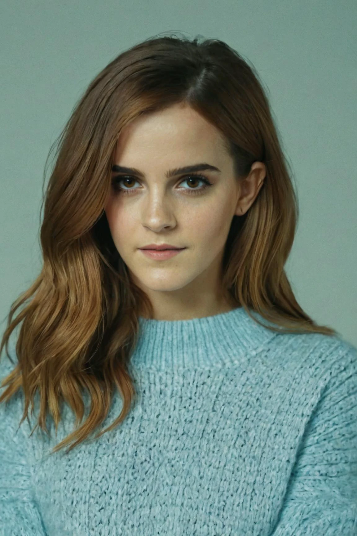 portrait photo of emmawats0n in a oversized light blue sweater, (long hair), posing for a picture, ziprealism, for cosmopolitan, realistic skin texture, softcore, warm lighting, simple background, magazine cover style