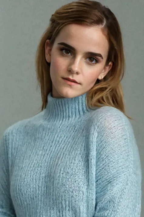 portrait photo of emmawats0n in a oversized light blue sweater dress posing for a picture, ziprealism, for cosmopolitan,  realistic skin texture, softcore, warm lighting, simple background, magazine cover style