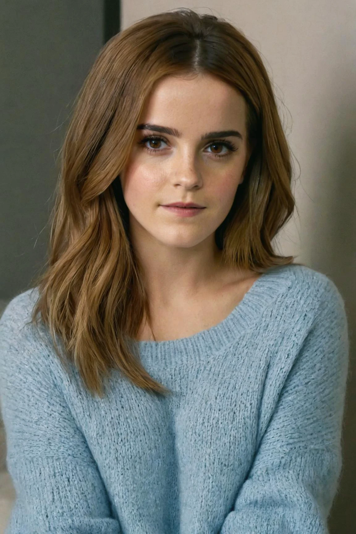 portrait photo of emmawats0n in a oversized light blue sweater, (long hair), posing for a picture, ziprealism, for cosmopolitan, realistic skin texture, softcore, warm lighting, simple background, magazine cover style