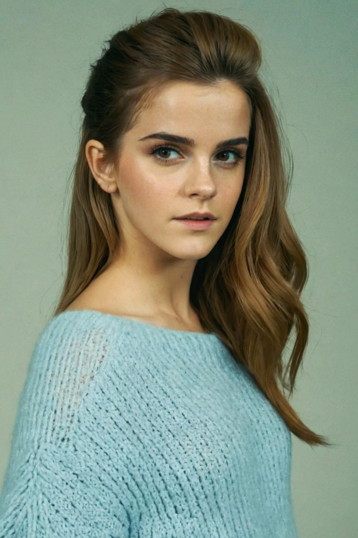 portrait photo of emmawats0n in a oversized light blue sweater, (long hair), posing for a picture, ziprealism, for cosmopolitan, realistic skin texture, softcore, warm lighting, simple background, magazine cover style