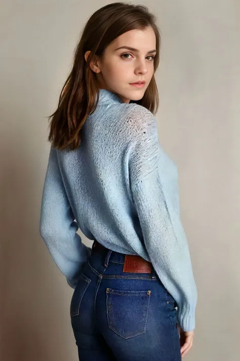raw photo, emmawats0n, realistic skin texture, oversize light blue knit sweater, (red:0.8), softcore, warm lighting, simple background, cowboy shot, jeans, (sexy:1.5),
