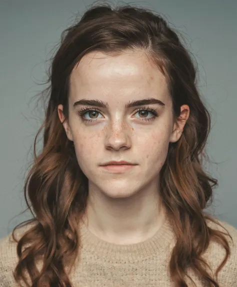 Imperfect, professional photography, hyperdetailed photography, raw analog studio headshot photo of emmawats0n with detailed eyes and (freckles:0.4), long wavy hair, wearing a light tan sweater, soft light, film grain, Nikon Z9