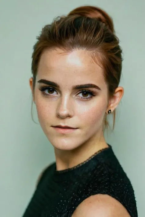 raw analog studio headshot photo of emmawats0n with detailed eyes and (freckles:0.4), wearing a black top, soft light, film grain, Nikon Z9