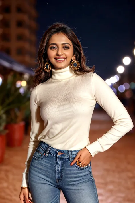 Highres close up photo of a woman, balanced colors, rkps,  wearing jeans and white turtleneck, night time, ornate Indian jewelry, smiling, cinematic lighting, background of city lights in beautiful bokeh  <lora:rkps_Rakul_Preet_SD15_LoHa:0.8>