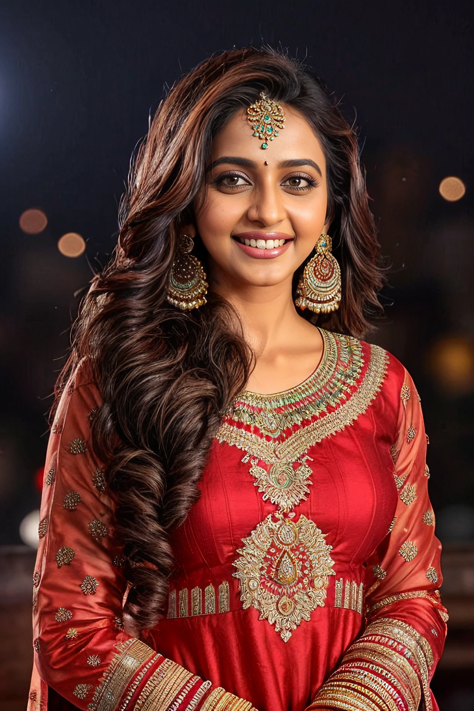 Highres close up photo of a woman, balanced colors, rkps, long hair, wearing (Anarkali_kurta:1.2), night time, ornate Indian jewelry, smiling, cinematic lighting, background of city lights in beautiful bokeh <lora:rkps_Rakul_Preet_SD15_LoHa:0.8>