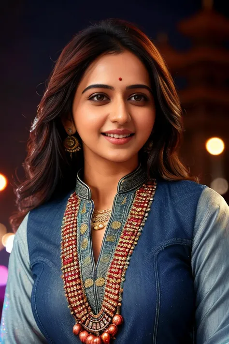 Highres close up portrait photo of a woman, balanced colors, rkps, long hair, wearing (kurta, Jeans:1.2), night time, ornate Indian jewelry, smiling, cinematic lighting, background of city lights in beautiful bokeh <lora:rkps_Rakul_Preet_Singh_SD15_LoRA:0.8>