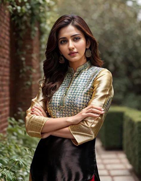A woman in a black and gold dress standing in front of a brick wall ...