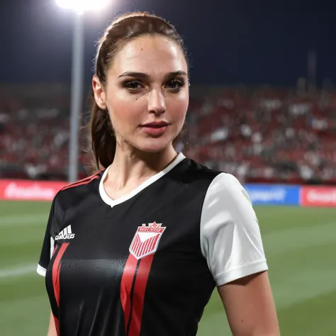 professional photograph of Gal Gadot, she's a soccer player, wearing a soccer uniform, black shorts, white shirt with a red stripe across it diagonally, standing in a soccer stadium, football, night time, 4k, 8k, maxres, absurdres, highest quality, bokeh, she's stunningly beautiful, fit legs, looking at the viewer, smiling, <lora:lora-sdxl-galgadot:1> gal gadot woman, night time, moonrays, ray-tracing.