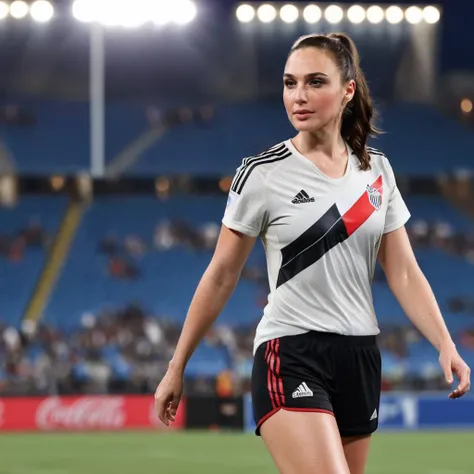 professional photograph of Gal Gadot, she's a soccer player, wearing a soccer uniform, black shorts, white shirt with a red stripe across it diagonally, standing in a soccer stadium, football, night time, 4k, 8k, maxres, absurdres, highest quality, bokeh, she's stunningly beautiful, fit legs, looking at the viewer, smiling,  <lora:lora-sdxl-galgadot:1> gal gadot woman, night time, moonrays, ray-tracing.