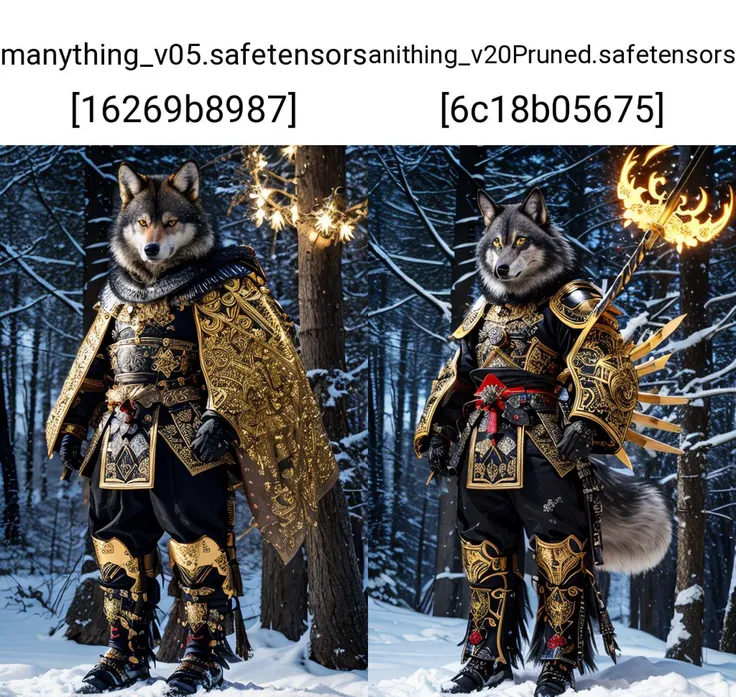 A samurai wolf with glowing bloodshot eyes, wearing shiny satin black and silver metal armor, intricate ornate weaved gold filiegree. In a snowy forest. full body