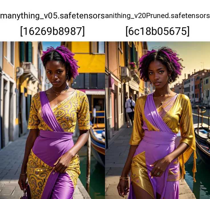 (masterpiece drawning, high quality), (solo:1.1), raw photo, a digital art of a beautiful, black skin, dark skin, African supermodel, purple makeup, dawn, Venice, gondola, (soft lighting), Porta 160 color, shot on Leica T, sharp focus on subject, shot by Candida Höfer, (cinematic, purple and yellow:0.85), colorful dress, yellow&purple theme, (vibrant color), (sharp), exposure blend, bokeh, (hdr:1.4), high contrast, (muted colors, dim colors, soothing tones:1.3), low saturation, morbid