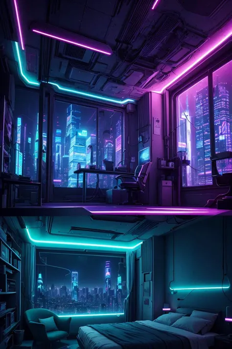 a bedroom, neon lights, dim light, futuristic, orange light, cable, electricity, ornate, detail, windows with skyscrapers, science fiction, blue purple neon, <lora:ARWCyberpunkInterior:1>