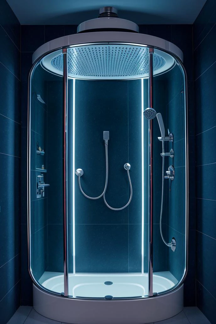 a bathroom shower cylinder capsule, neon lights, dim light, futuristic, orange light, cable, electricity, ornate, detail, windows with skyscrapers, science fiction, blue purple neon, <lora:ARWCyberpunkInterior:1>