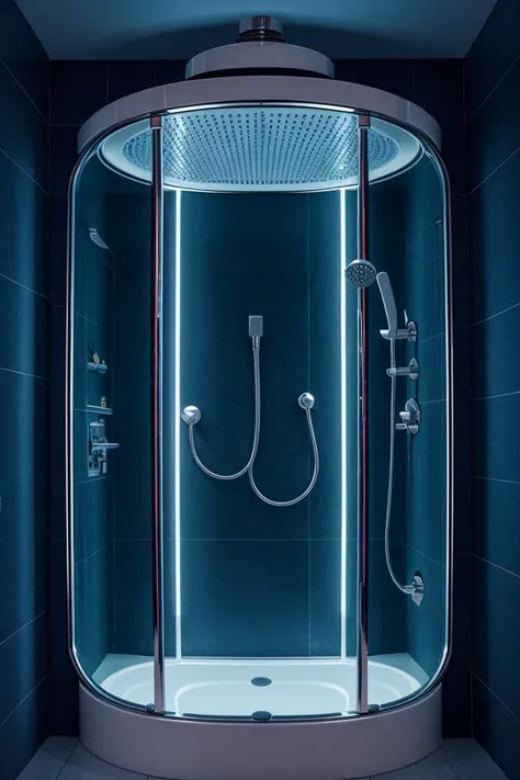 a bathroom shower cylinder capsule, neon lights, dim light, futuristic, orange light, cable, electricity, ornate, detail, windows with skyscrapers, science fiction, blue purple neon, <lora:ARWCyberpunkInterior:1>