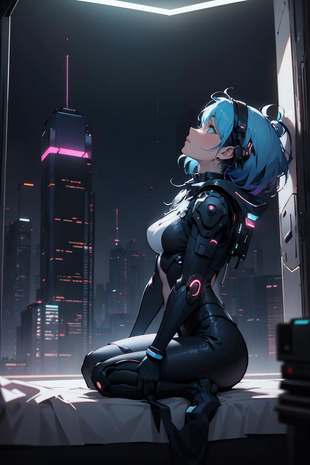 (masterpiece:1.3), (best quality:1.3), (hires, high resolution:1.3), 8k, ultra detailed, extremely clear, HDR, sudio lighting, volumetric lighting, subsurface scattering,
1girl, blue hair, short hair, (Seiza, looking up, extreme close-up shot), (night:1.3), (windows, futuristic bedroom, indoors, cityscape, cyberpunk city, cyberpunkinterior, science fiction, neon lights),
<lora:ARWCyberpunkInterior:0.8> <lora:epi_noiseoffset2:0.7>