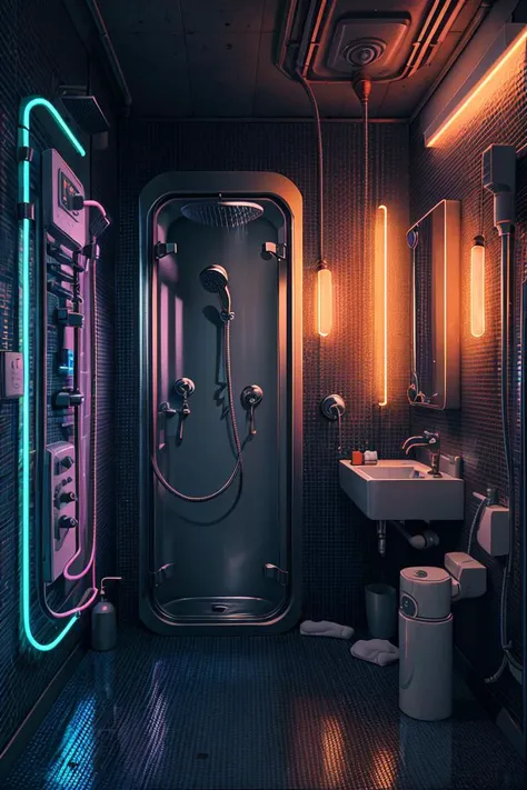 a bathroom shower cylinder capsule, neon lights, dim light, futuristic, orange light, cable, electricity, ornate, detail, windows with skyscrapers, science fiction, blue purple neon, <lora:ARWCyberpunkInterior:1>