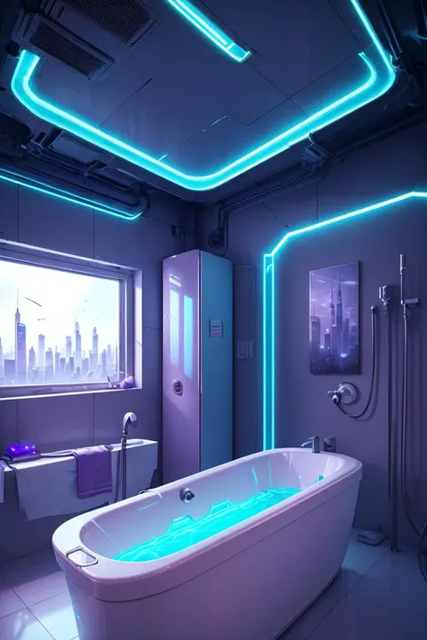 a bathroom bathtub cylinder, capsule, neon lights, dim light, futuristic, orange light, cable, electricity, ornate, detail, windows with skyscrapers, science fiction, blue purple neon,(masterpiece, best quality), <lora:ARWCyberpunkInterior:1>