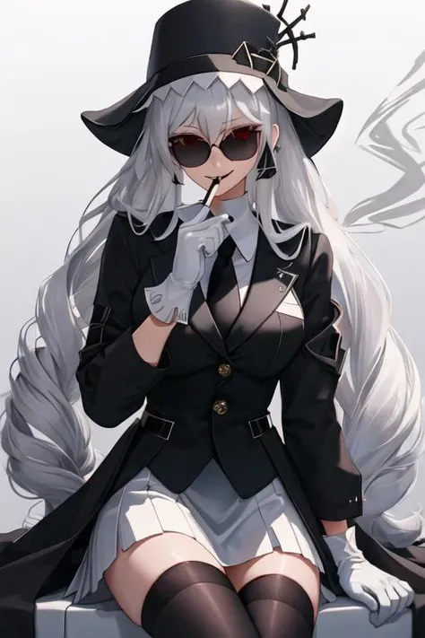 best quality, masterpiece, highres, solo, {black business suit:1.40}, {tie:1.20}, {sunglasses:1.25}, {white gloves:1.15}, {white shirt:1.10}, {black skirt:1.15}, {smoking:1.20}, handsome, {specter_arknights:1.15}, long_hair, bangs, red_eyes, hair_between_eyes, smile, black_headwear, grey_hair, white_hair, very_long_hair, upper_body, hat, breasts