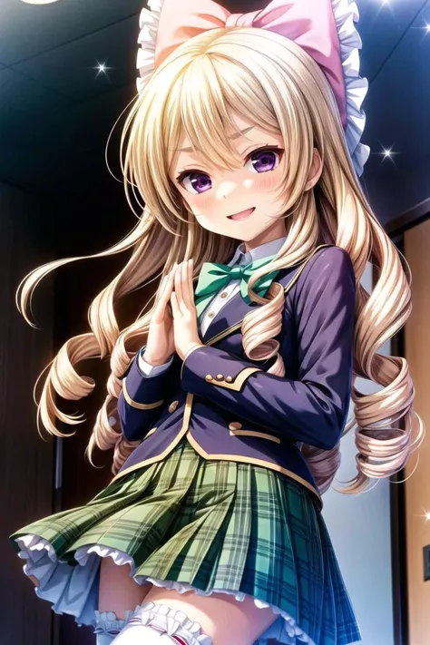 masterpiece,top quality,best quality,official art,beautiful and aesthetic,extremely detailed,high quality,highres,16K,RAW,ultra highres,ultra details,finely detail,an extremely delicate and beautiful,extremely detailed,lovely sweet cute moe face,glowing skin,blush cheeks,cinematic lighting,sharp focus bokeh,highlight cinematicpostprocessing,intricate human hands fingers,thighs,pale skin,1girl,hair between eyes,extremely close up face,white skin,<lora:more_details:0.5>,<lora:Ayanokouji-Mirei:0.8>,ayanokoujimirei,blonde hair,hair bow,pink bow,drill hair,curly hair,long hair,purple eyes,smug,smile,blue jacket,blazer,green bowtie,white shirt,green skirt,plaid skirt,school uniform,white thighhighs,(from below:1.2),slender,small breasts,open mouth,cute,small,chibi,embarrassed,troubled eyebrows,Sweat