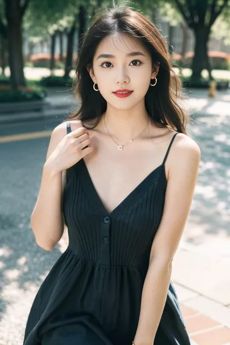 FILMG,depth of field,blurry background,outdoors,(8k, RAW photo, best quality, masterpiece:1.2),(realistic, photo-realistic:1.37),lens flare,cute,professional lighting, photon mapping, radiosity, physically-based rendering,1 slim girl in long black dress,long legs,bare thighs,large breasts,collarbone,cleavage,(smile:1),(red lip:1.3),(hair ornament:1.3), (earrings:1.3),(necklace:1.3),sunlight, <lora:zuodianer-000012:0.7>,<lora:FilmG4:1>,