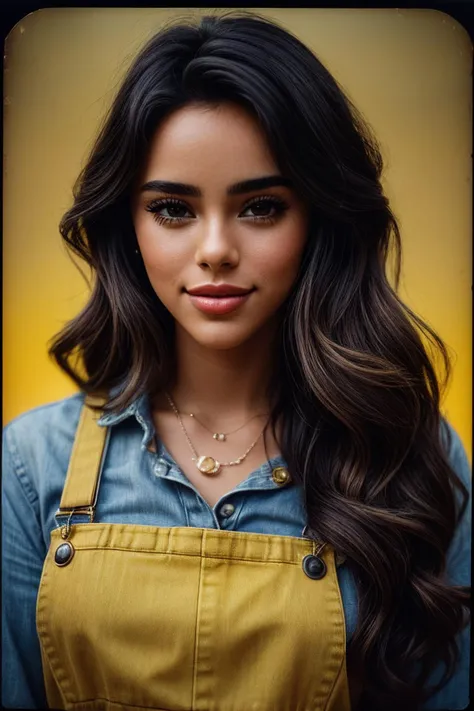 photo of (bb1ancard1-130:0.99), a woman, perfect hair, posing, (vintage photo, overalls), (closeup portrait), necklace, 24mm, (tintype), (analog, cinematic, film grain:1.3), ((plaing Dark Yellow background, gradient)), ((detailed eyes)), smiling, (epicPhoto)