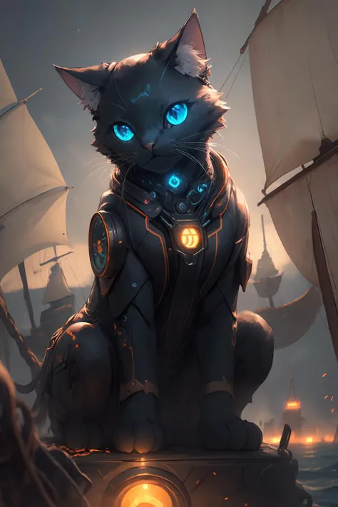 black cat, orange glowing eyes, (scar on the eye:1.1),( pirate style:1.1), with a pirate ship in the background , (8k resolution:1.3) ((masterpiece)), (high quality), (best quality), (detailed), hd, perfect night lighting, detailed face, detailed body, <lora:Scifi Cat:0.8>, SCIFICAT