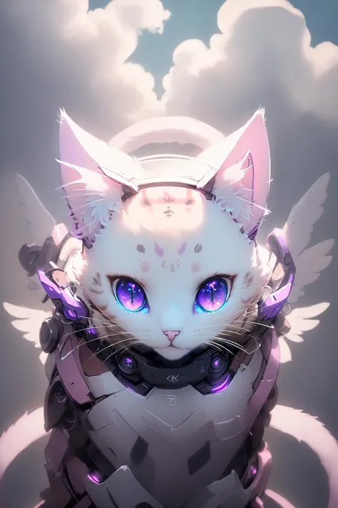 (pink cat:1.3), (purple eyes:1.2), Flying in the clouds, (white wings:1.2) (8k resolution:1.3) ((masterpiece)), (high quality), (best quality), (detailed), hd, perfect night lighting, detailed face, detailed body,  <lora:Scifi Cat:0.8>, SCIFICAT, Rotation symmetry, middle symmetry