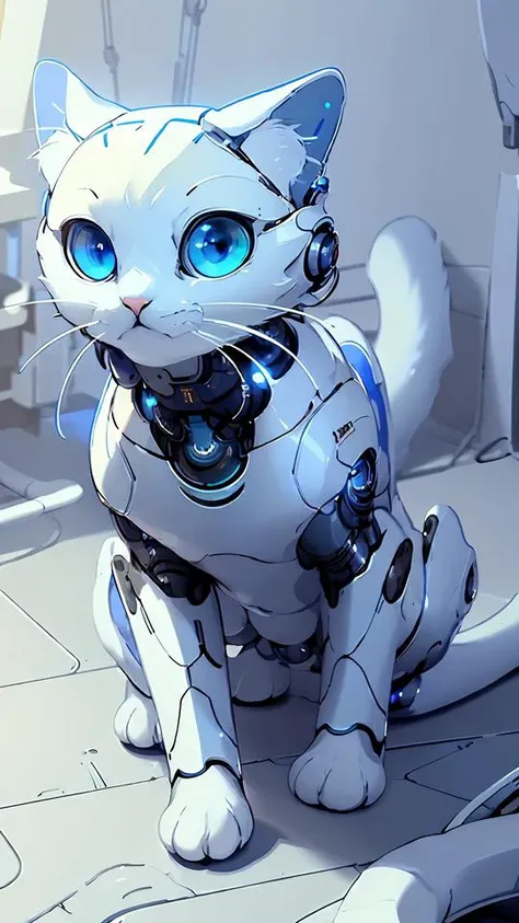 (masterpiece:1.2), (best quality:1.2), (ultra highres:1.2) ,(8k resolution:1.2),
sci-fi, laboratory, mechanical cat, cyborg cat, white cat, blue eyes, cat action, skinny, full body,
scificat,<lora:Scifi Cat:0.8>