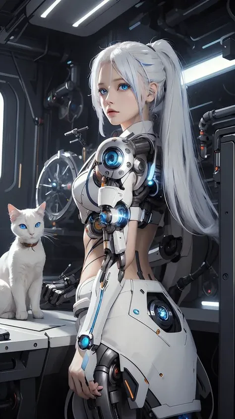 (masterpiece:1.2), (best quality:1.2), (ultra highres:1.2) ,(8k resolution:1.2),
sci-fi, laboratory, mechanical girl, cyborg girl, white hair, blue eyes, cat action, skinny,
<lora:Scifi Cat:0.5>