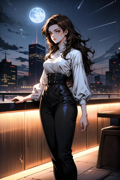 ((ultra detailed, masterpiece, absurdres))
 <lora:MEMiranda:0.8>
MEMiranda, 1girl, long hair, brown hair, blue eyes,overlooking the city from a rooftop bar at night, chic outfit, standing