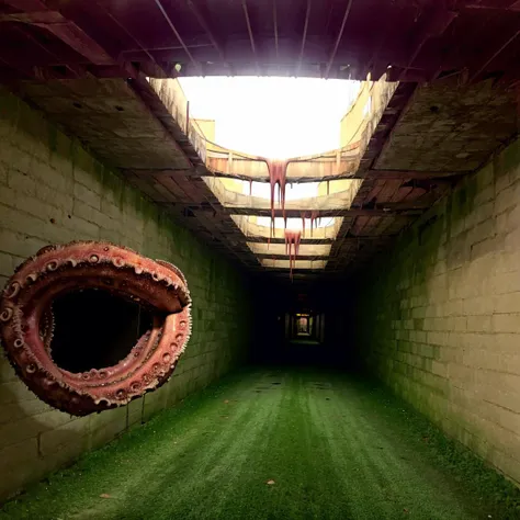 creepy horror basement in a closed mall without any people, holes in the ground with giant tentacles in a spiral coming out , there is no sun light, part of the mall look old and not well lit <lora:liminalspaces768:1>