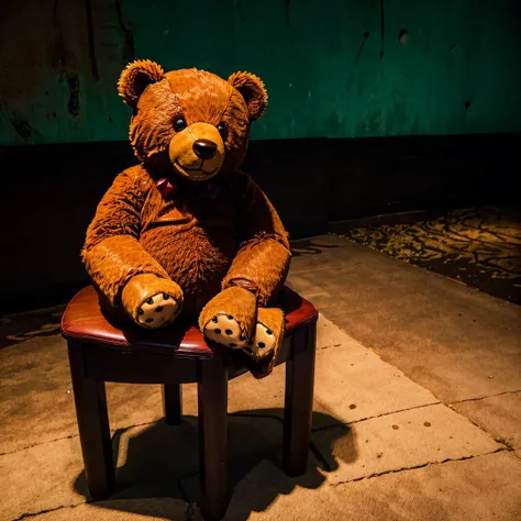 creepy horror basement in a closed mall without any people, teddy bear sitting on a the corner in a wooden chair, there is no sun light, part of the mall look old and not well lit <lora:liminalspaces768:1>