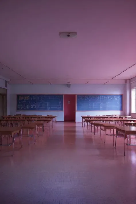 <lora:S1-Backroom_Deliberate-000008:0.65>,
backroom, liminal space, Level-190, School Detention, inside, corridor, dark, dark room, lights out, dark, (((classroom))),
large room, red lighting, blue lighting, floor reflection, pink wall, water, blue water, plant, infinity corridor,
(photorealistic), [sharp focus], (HDR), (8k), (gigapixel), (masterpiece)
