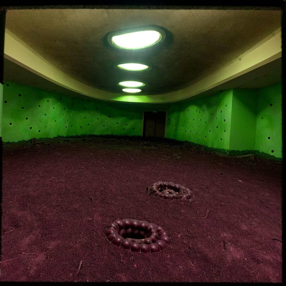 creepy horror basement in a closed mall without any people, holes in the ground with giant tentacles in a spiral coming out , there is no sun light, part of the mall look old and not well lit <lora:liminalspaces768:1>