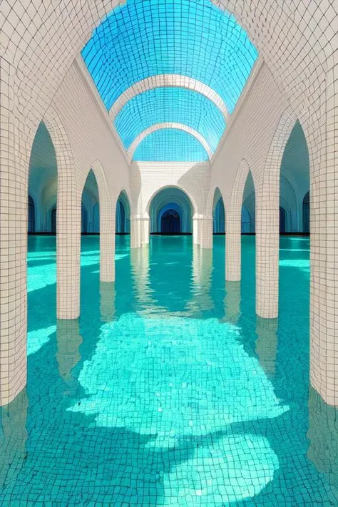 <lora:S1-Backroom_Deliberate-000008:0.5>,
backroom,liminal space,Level-37,Sublimity,inside,water,white tiles,reflection,green blue water,windows,arch column,large space,sunlight,
(photorealistic), [sharp focus], (HDR), (8k), (gigapixel), (masterpiece)