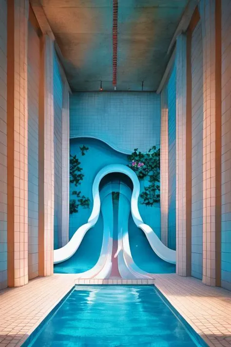 <lora:liminalSpaceLora_v2Deliberate:0.5>, backroom, liminal space, Level-37, Sublimity, inside, water, white tiles, reflection, blue water, blue lighting, pink lighting, plant, water corridor, water pool, multiple doorways, (water slide:1.2) (photorealistic), [sharp focus], (HDR), (8k), (gigapixel), (masterpiece)