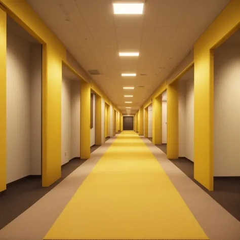 <lora:D1s-Backroom:0.65>, backroom, liminal space, Level-0,Tutorial Level,The Lobby,inside,yellow lighting,yellow wall without details,fluorescent light,corridor, shadow, (photorealistic), [sharp focus], (HDR), (8k), (gigapixel), (masterpiece), brown carpet on floor, darkness at the end of corridor, open space, 5 doors on each side, arrows on the floor