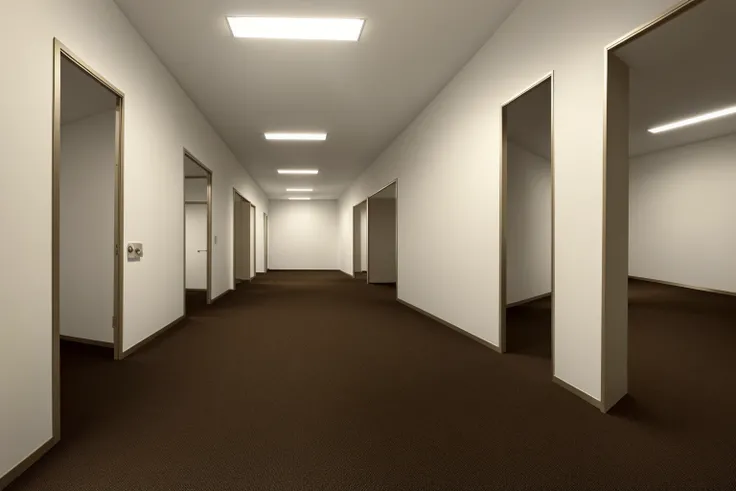 <lora:liminalSpaceLora_v1Dreamlike:0.5>, backroom,liminal space,Level-4,Abandoned Office, office room, fluorescent light, carpet floor, open office, doors, hallways,  (photorealistic), [sharp focus], (HDR), (8k), (gigapixel), (masterpiece), dark studio, rim lighting, two tone lighting, dimly lit, low key,  <lora:epiNoiseoffset_v2:1>
