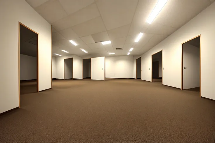 <lora:liminalSpaceLora_v1Dreamlike:0.5>, backroom,liminal space,Level-4,Abandoned Office, office room, fluorescent light, carpet floor, open office, doors, hallways,  (photorealistic), [sharp focus], (HDR), (8k), (gigapixel), (masterpiece), dark studio, rim lighting, two tone lighting, dimly lit, low key,  <lora:epiNoiseoffset_v2:1>