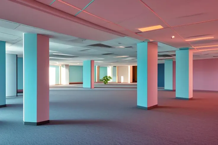 <lora:S1-Backroom_Dreamlike-000008:0.5>,
backroom, liminal space, Level-4, Abandoned Office, inside, pink wall, office room, fluorescent light,
carpet floor, blue lighting, large space, pillar, office desk,
(photorealistic), [sharp focus], (HDR), (8k), (gigapixel), (masterpiece)