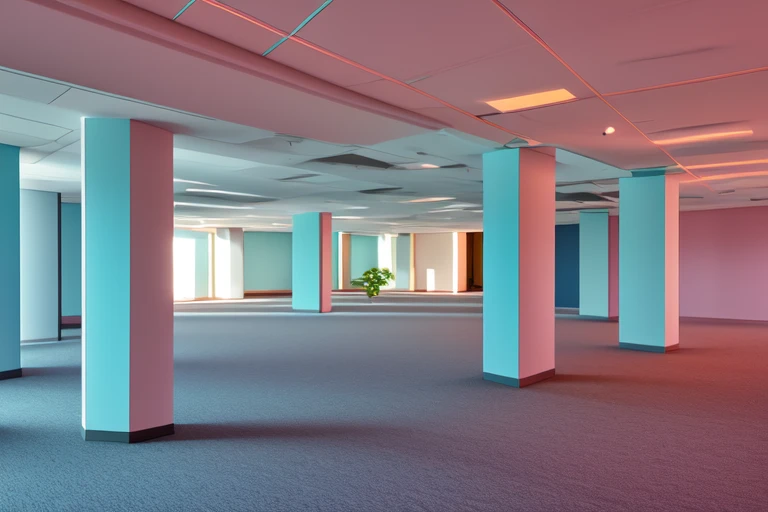 <lora:S1-Backroom_Dreamlike-000008:0.5>,
backroom, liminal space, Level-4, Abandoned Office, inside, pink wall, office room, fluorescent light,
carpet floor, blue lighting, large space, pillar, office desk,
(photorealistic), [sharp focus], (HDR), (8k), (gigapixel), (masterpiece)