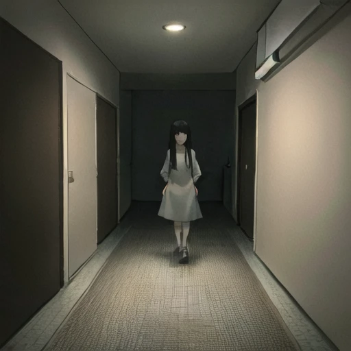 masterpiece, best quality,ultra-detailed, sadako_yamamura, <lora:Sadakobest:0.6>, whitedress, 1girl,<lora:liminalSpaceLora_v2Dreamlike:0.6>,liminal space,backroom, creepy atmosphere, (creature in far corner),