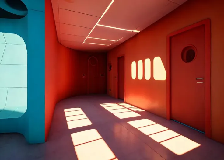 <lora:D1s-Backroom:0.65>, backroom, liminal space,
Level-15,Futuristic Halls,inside,sci-fi,futuristic,corridor,red corridor,red window,red door, BREAK,
sun light , sci-fi,
(photorealistic), [sharp focus], (HDR), (8k), (gigapixel), (masterpiece)