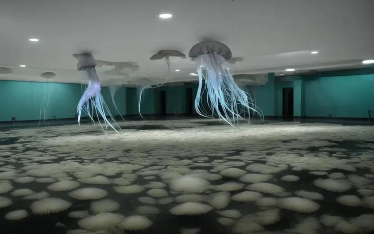 <lora:D1s-Backroom:0.6>, (liminal space), hall, room, [backrooms], seaweeds on floor, a jellyfish floating, fluorescent light