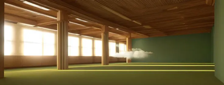 (masterpiece), liminal space, (grass floor:1.5), ((inside pool, aquamarine colored walls)), gold pillars, hall room, empty room, large space, (sun light from roof:1.1), wood panel roof, photorealistic, raytracing, 8k, sharp, (floating cloud in the room:1.3), <lora:D1s-Backroom:0.7>
